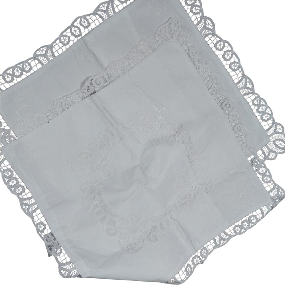 EXQUISITE CROCHET LACE & CUTWORK WHITE COTTON SQUARE EURO PILLOW SHAMS, PAIR-2!